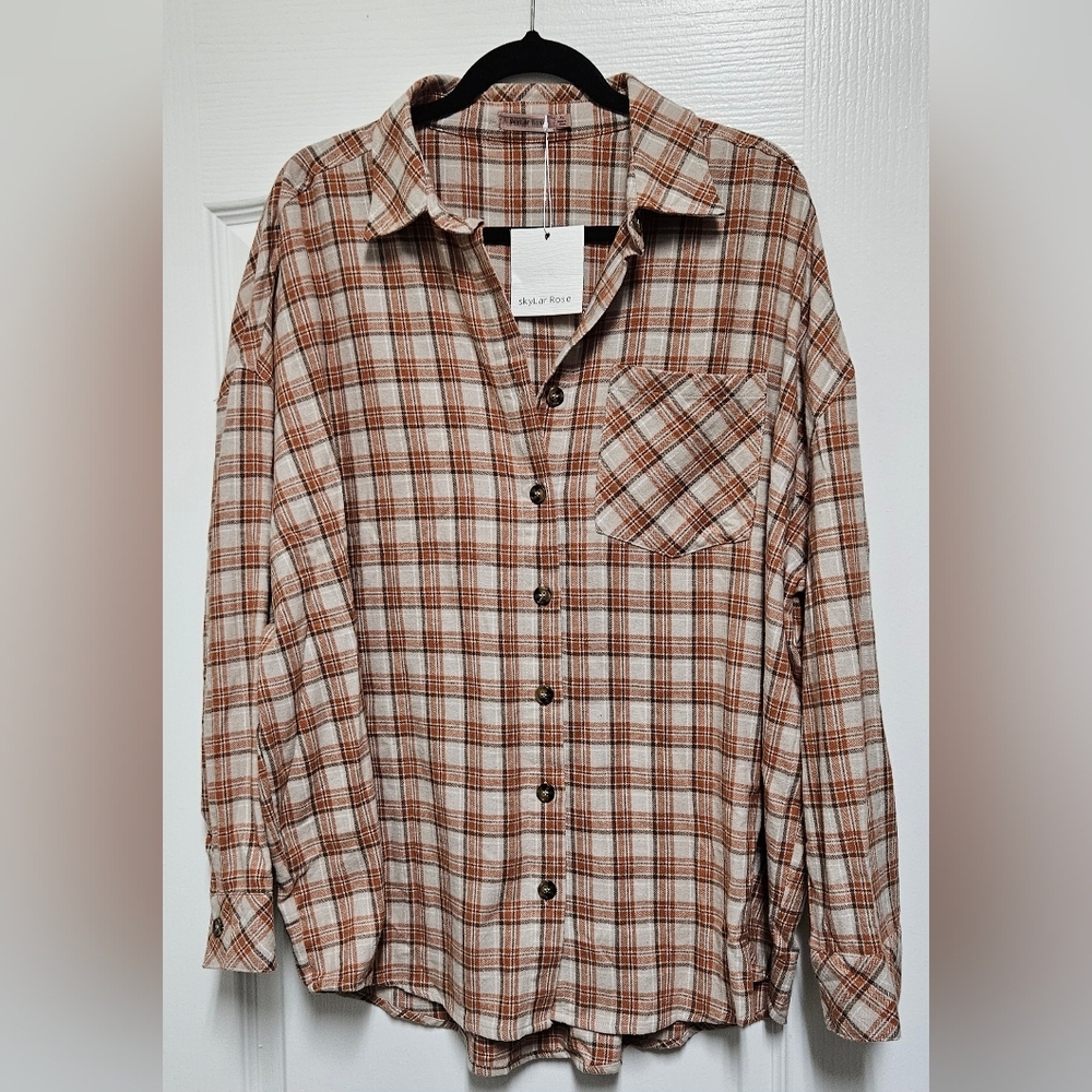Skylar Rose NWT Plaid Button Down Flannel Shirt Neutral Brown Women’s XL